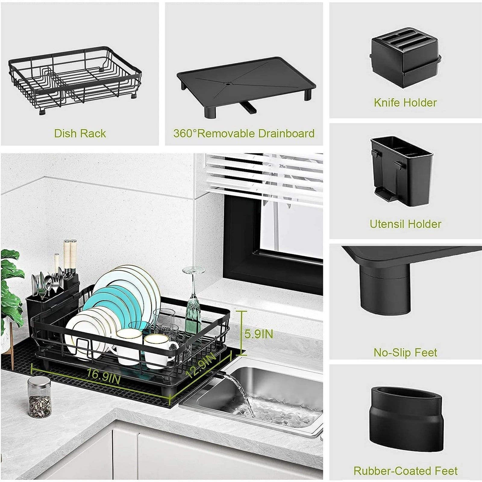 MOQIN Dish Drying Rack -Stainless Steel Dish Rack with Drainboard,Space-Saving Dish Rack,Dish Racks for Kitchen Counter, Stainless Steel Kitchen Drying Rack with a Cutlery Holder,13''W x 17''L