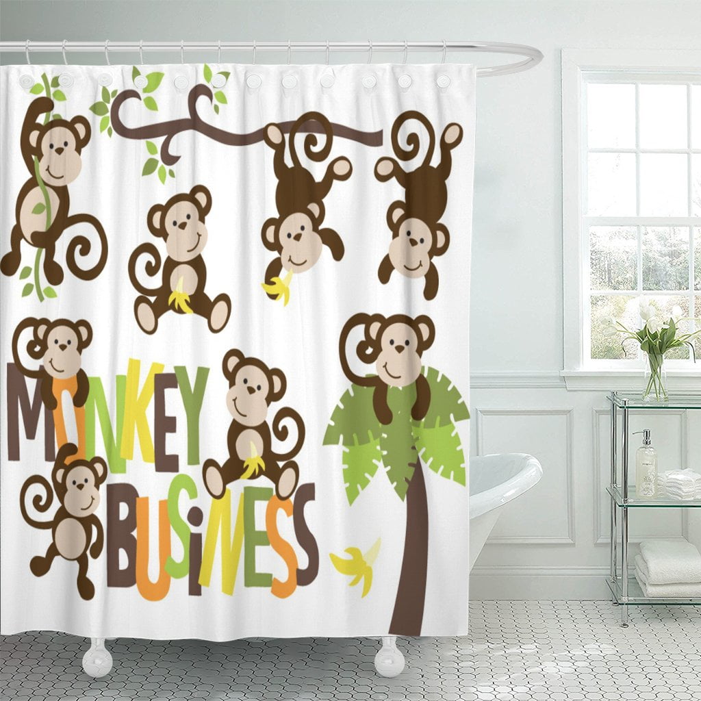 Shower Curtain Set Jungle Playing Cute Monkey Waterproof Fabric Bathroom Hooks 