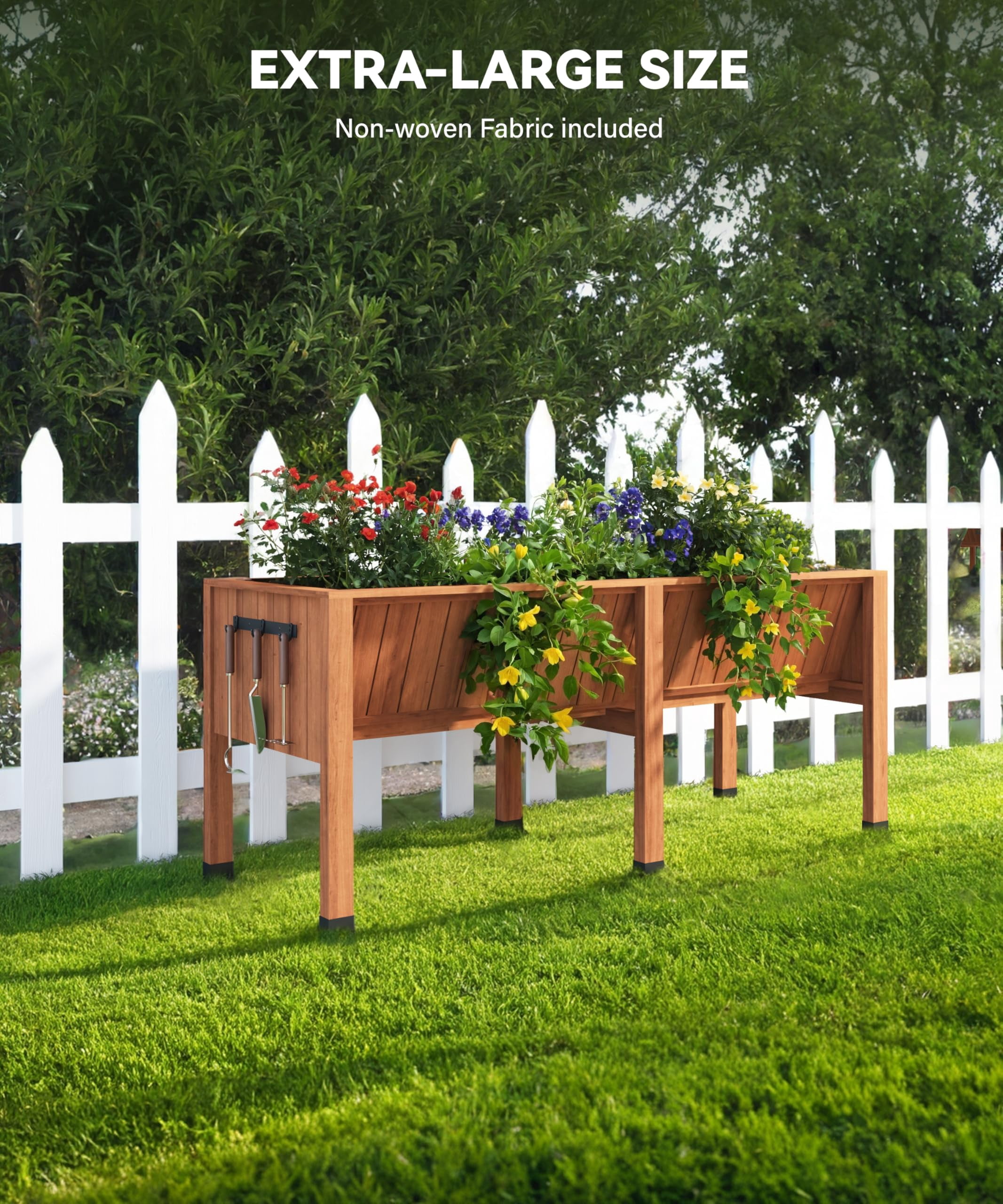 Garvee 72"x26"x31" Elevated Wooden Raised Garden Bed with Storage Hooks for Vegetables,Flowers,Brown