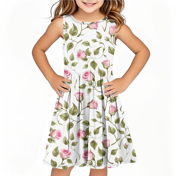 AUNVITO Girls Sleeveless Print Round Neck Tank Dress Casual Summer Sundress