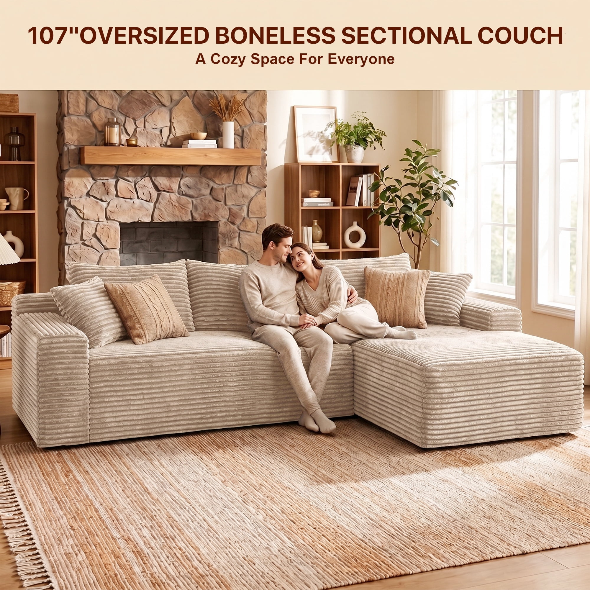 Aukfa 108" Cloud Sectional Sofa Oversized Boneless Couch Modular L-Shaped Sofa, Right Chaise Corduroy Sofa for Living Room, Camel