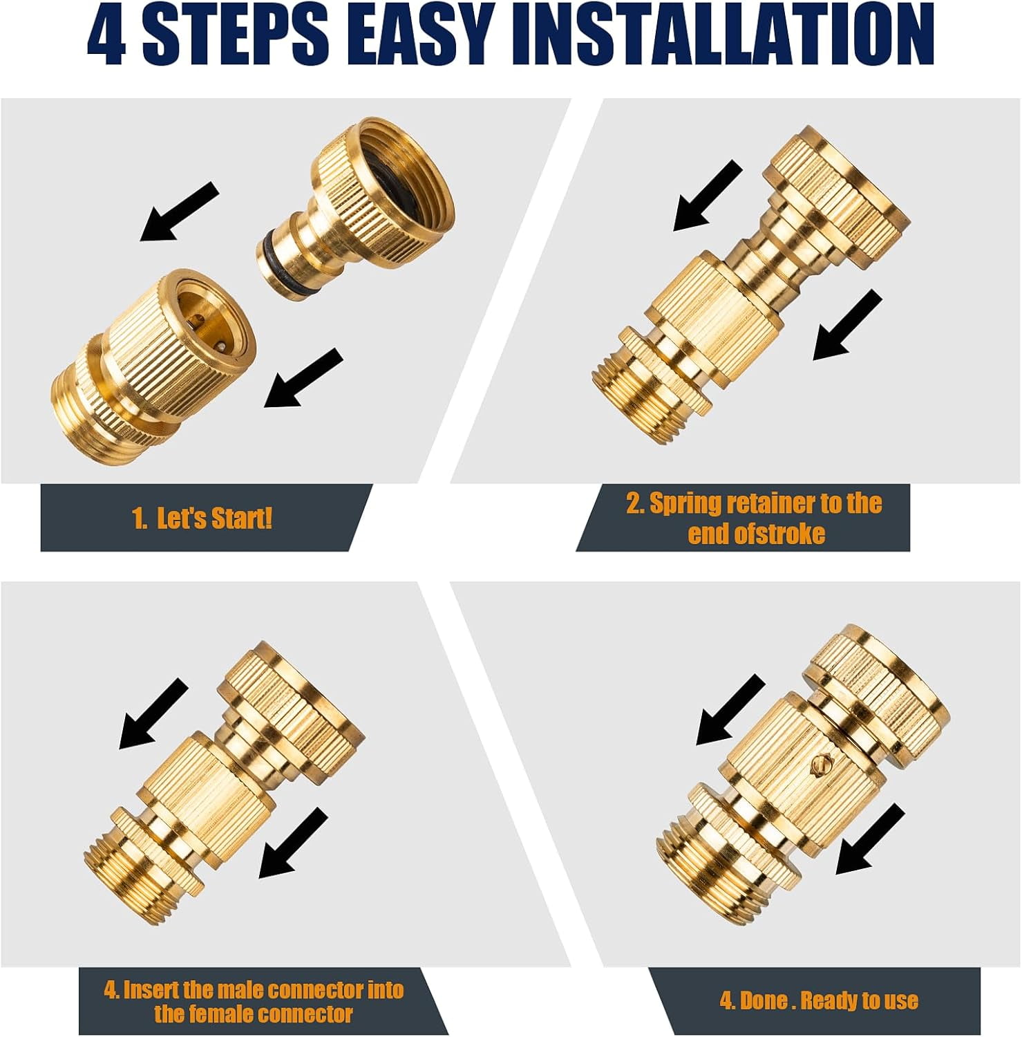 HRTGFD-2PCS Garden Hose Quick Connect, Durable Quick Connect Hose Fitting, Heavy Duty 3/4 GHT Brass Quick Coupler for Pressure Washers, Sprinklers and Watering Systems