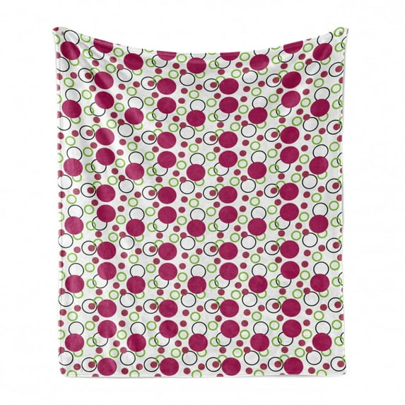 Pink and Green Soft Flannel Fleece Blanket, Geometric Retro Composition with Circles and Dots Spotty Pattern, Cozy Plush for Indoor and Outdoor Use, 70" x 90", Dark Pink Green Black, by Ambesonne