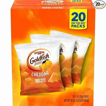 Goldfish Cheddar Cheese Crackers, Baked Snack Crackers, 1 oz On-the-Go Snack Packs, 20 Count Box