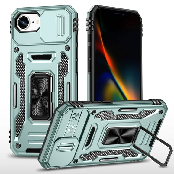 Armor Case for iPhone 16e with Sliding Camera Cover & Kickstand, Heavy Duty Military Grade Protection Phone Case, Built-in 360° Rotate Ring Stand, Shockproof Full Body Rugged Case, Darkgreen