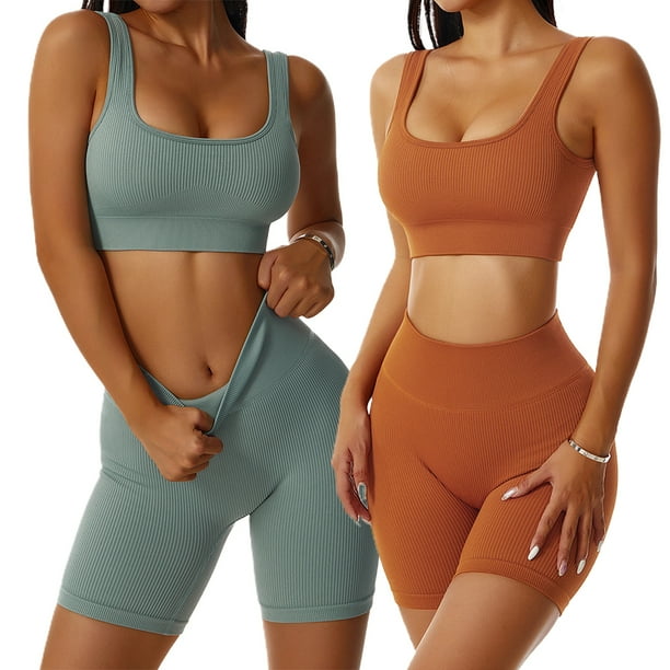 Conjuntos de entrenamiento para mujer, 2 piezas, camiseta sin mangas con canalé y sin costuras, cintura alta, leggings de yoga