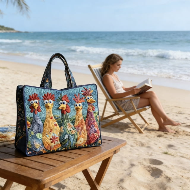 Colorful Quilted Chicken Tote Bag 5 Whimsical Rooster Patchwork Shoulder Bag Large Handbag For Market Beach And Everyday Use