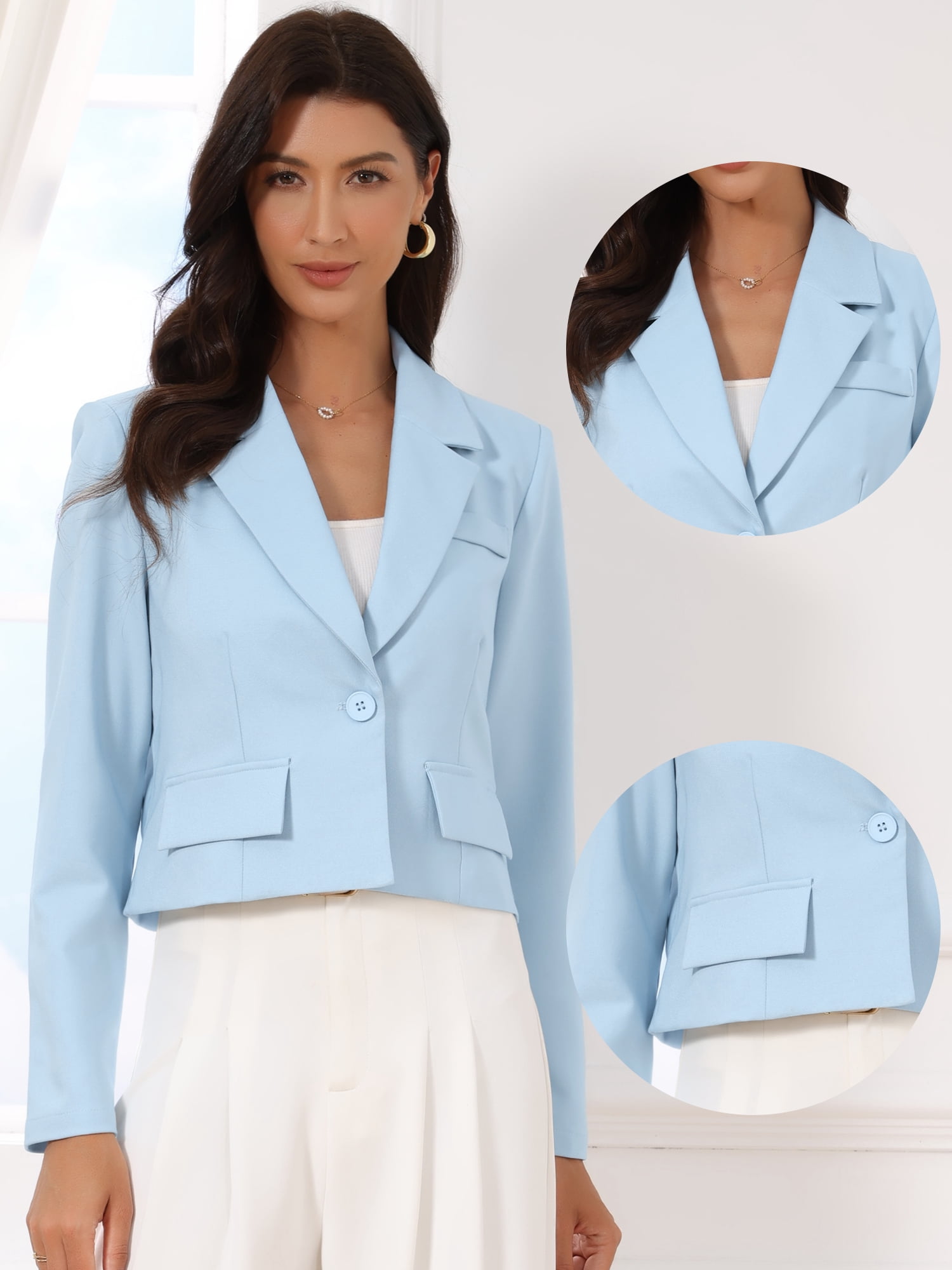 DARING DIVA Women's Notched Collar Long Sleeve Suit Jacket Casual Blazers M Light Blue