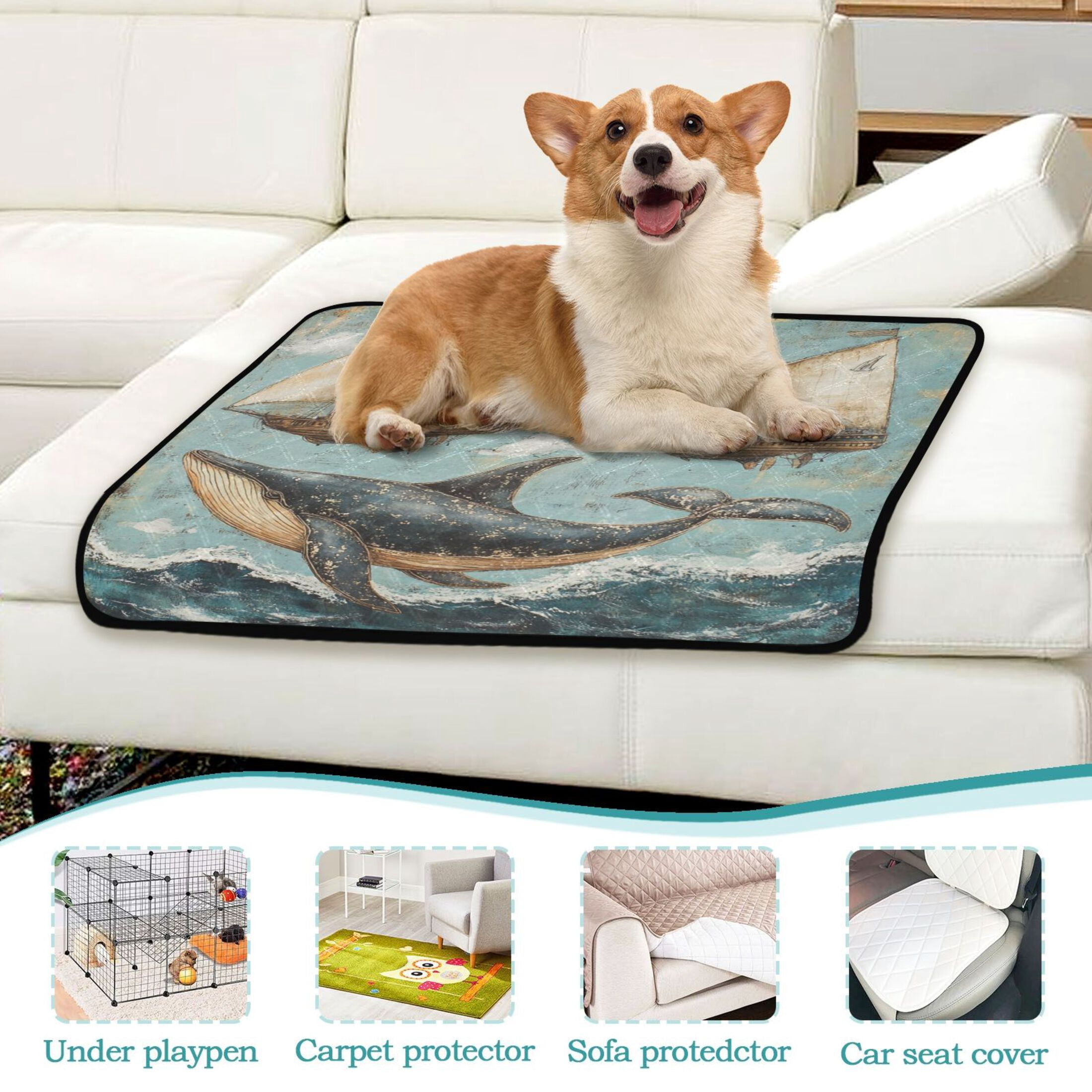Qxltty Whales Swim with Sailboats Cat litter Pads Pet Set of 3 Diaper Mats Center Anti-leakage Layer Absorbent Soft and Comfortable