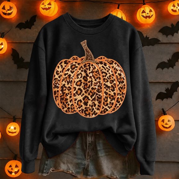 FASHOFT Halloween Sweatshirt for Women Leopard Print Pumpkin Graphic Pullover Long Sleeve Crew Neck Tops Cozy Fall Winter Sweatshirts L