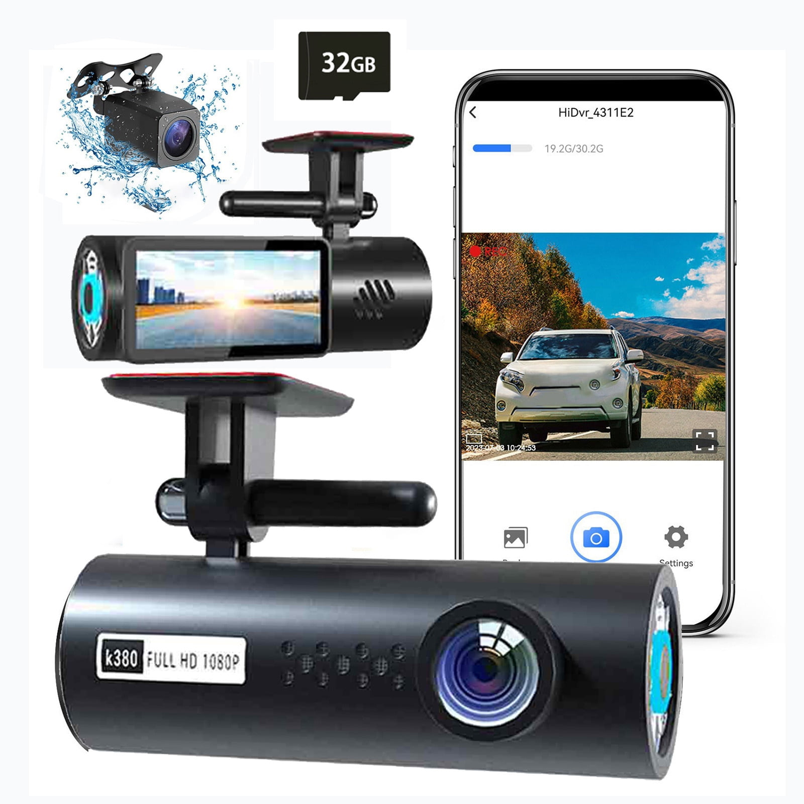 Kieccall 1.97-Inch WiFi Dash Cam 1080P FHD - Front/Rear Car Camera With 32G Card, Infrared Night Vision, 170° Wide Angle & Loop Recording
