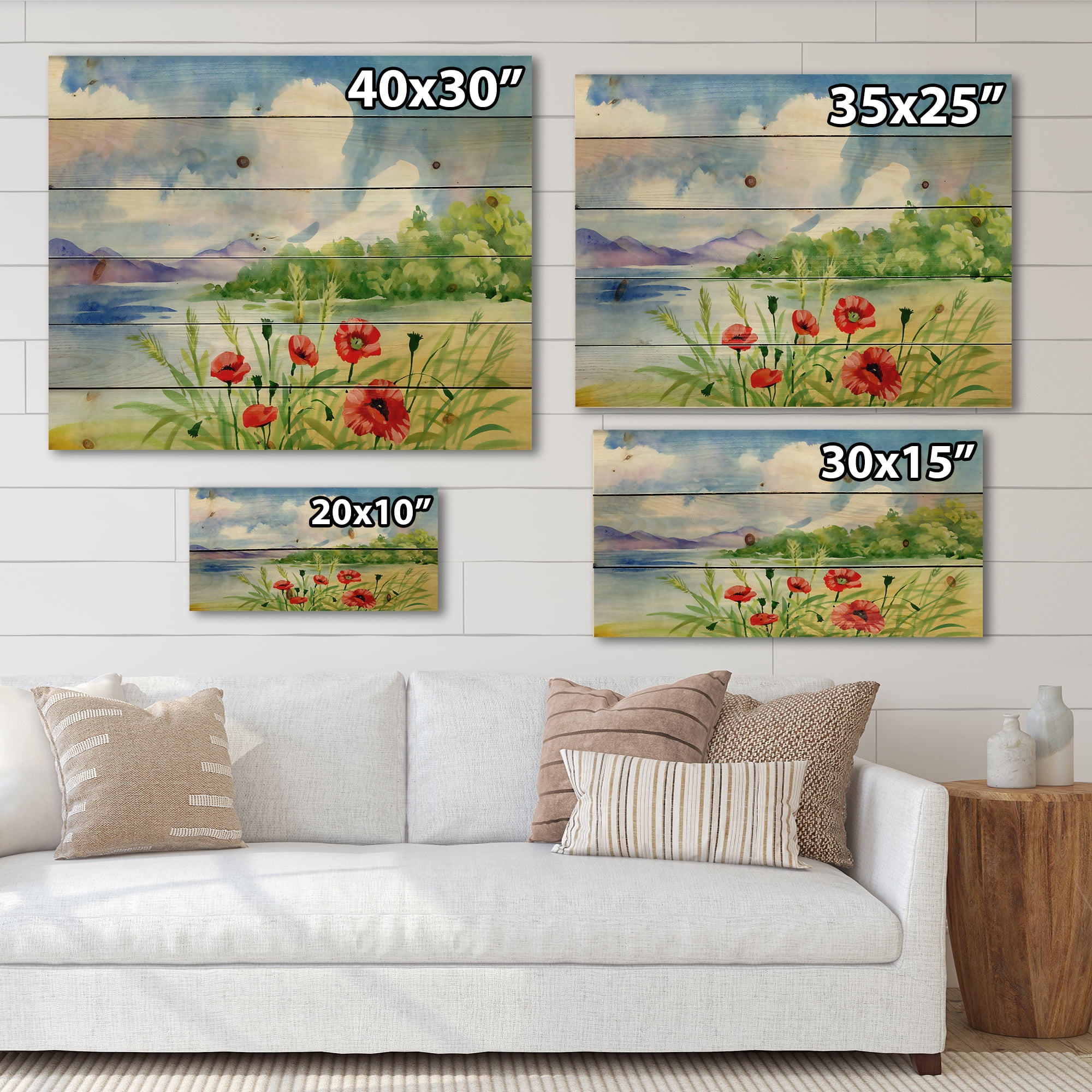 Designart 'Red Tulips On The Bank Near A River Mountain' Lake House Print on Natural Pine Wood