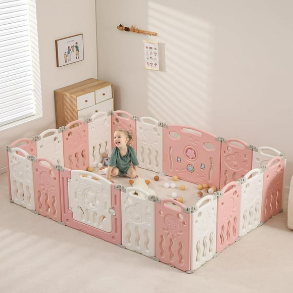 Foldable Playpen for Toddlers, 18-Panel Large Baby Play Yard, Portable Baby Fence Play Area, Safety Activity Center, Adjustable Shape