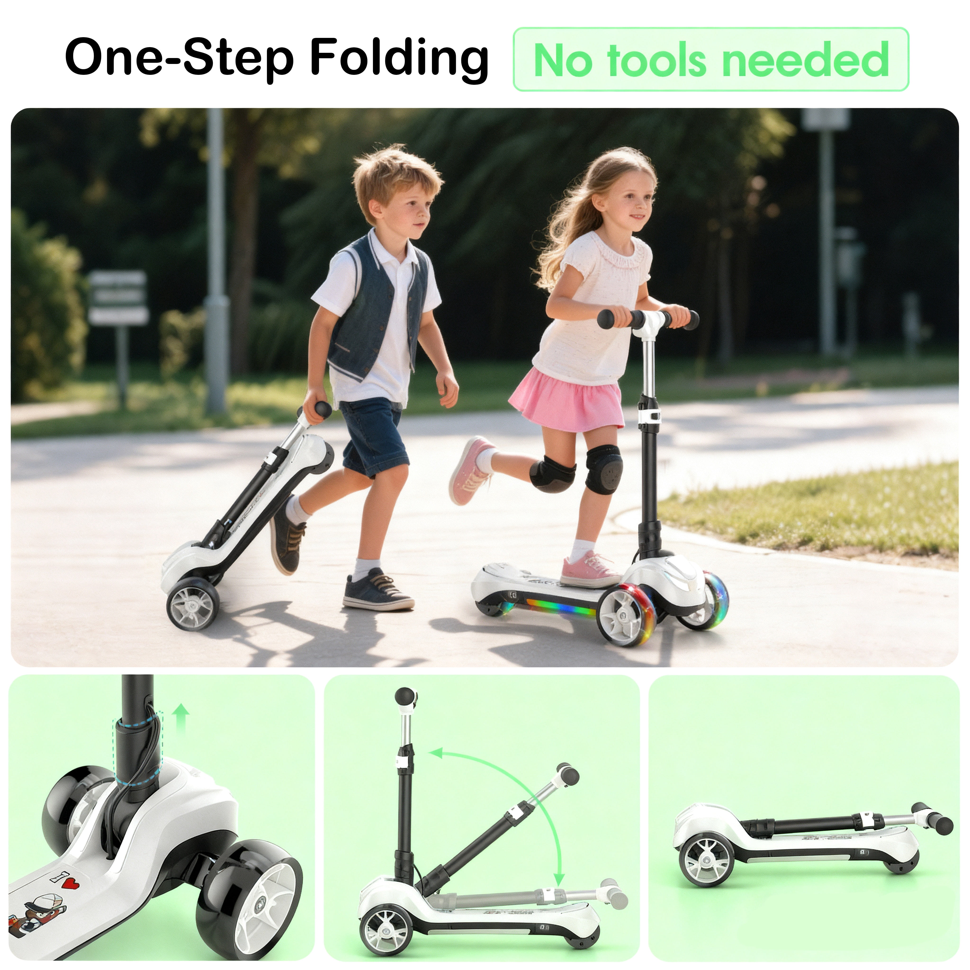 Electric Scooter for Kids Age 3-6, Light-Up Pole & Pedal Foldable Kid Escooter, 5 Mph Max 3-Wheel Electric Ride On Toys (White)