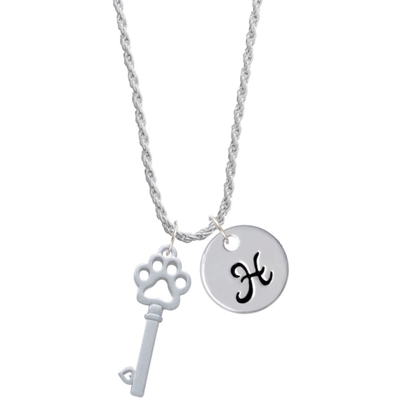 Delight Jewelry Silvertone Open Paw Key Silvertone Script Initial Disc - H - Charm Necklace, 20"+3"