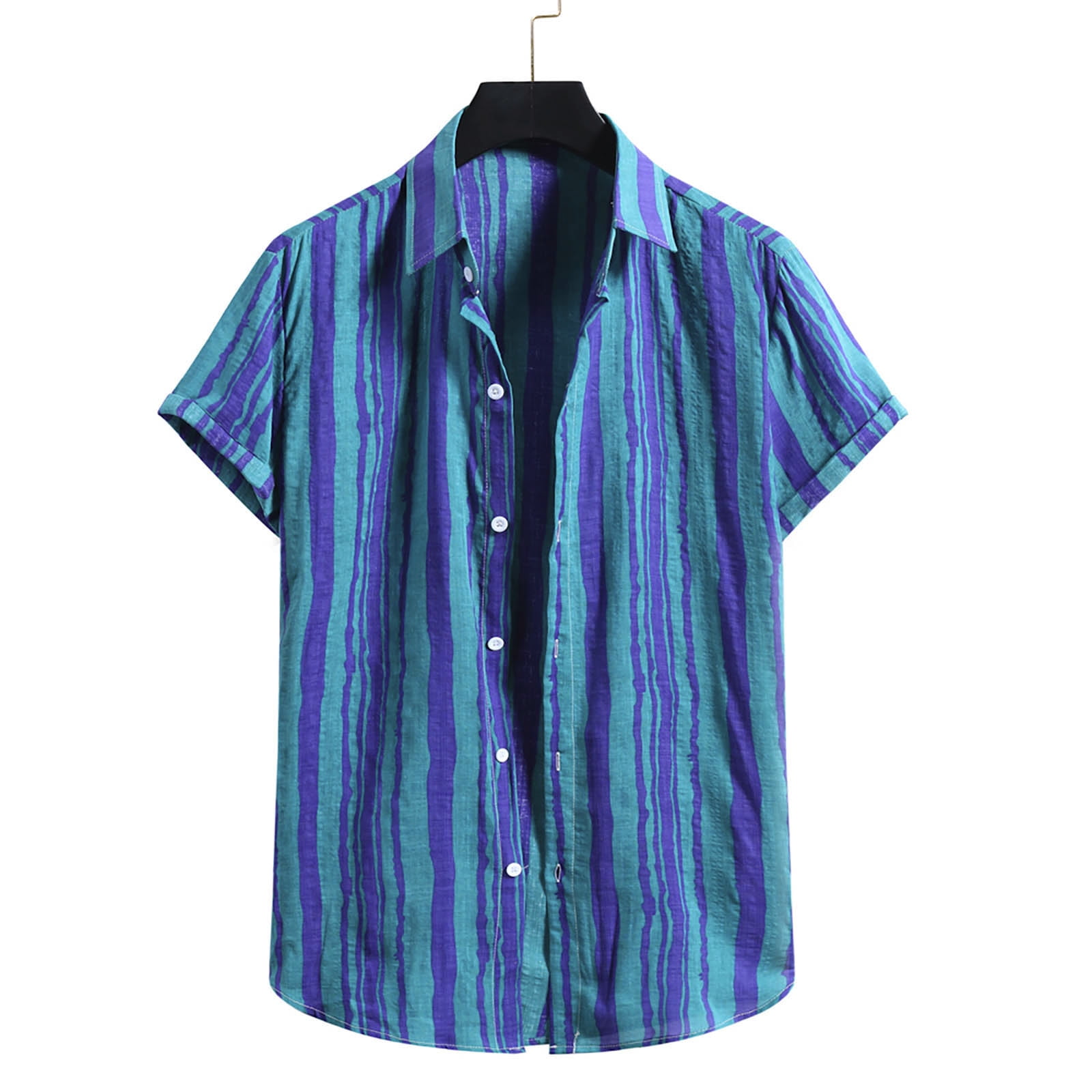 Men's Fashion Cotton Linen Stripe Print Short Sleeve Button Shirt ...