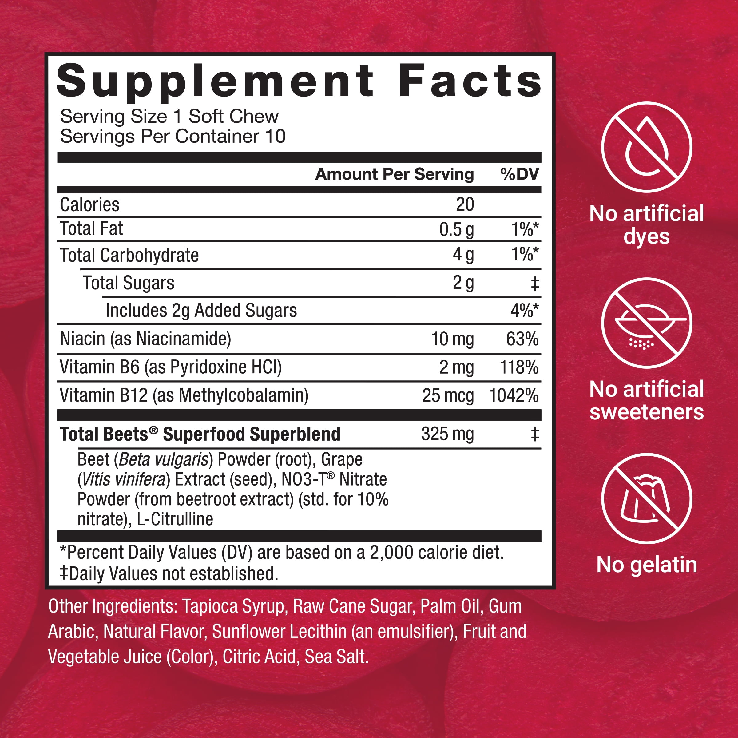 Force Factor Total Beets, Beet Root Supplement with Beetroot Powder for Heart Health, Nitric Oxide & Energy, Acai Berry, 10 Soft Chews