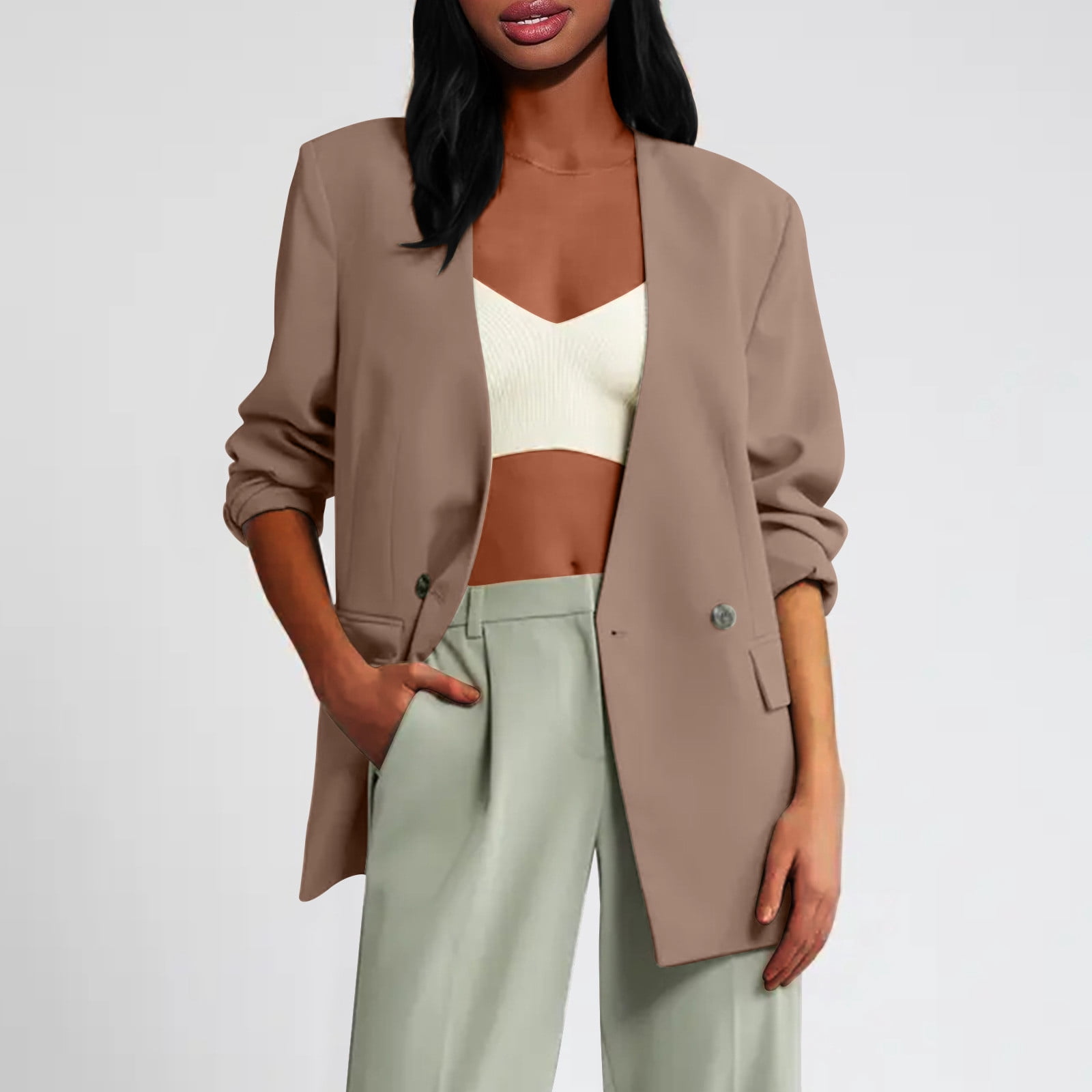 AherBiu Womens Oversized Blazer One Button Casual Loose Long Sleeve Fall Fashion Open Front Cardigan with Pockets