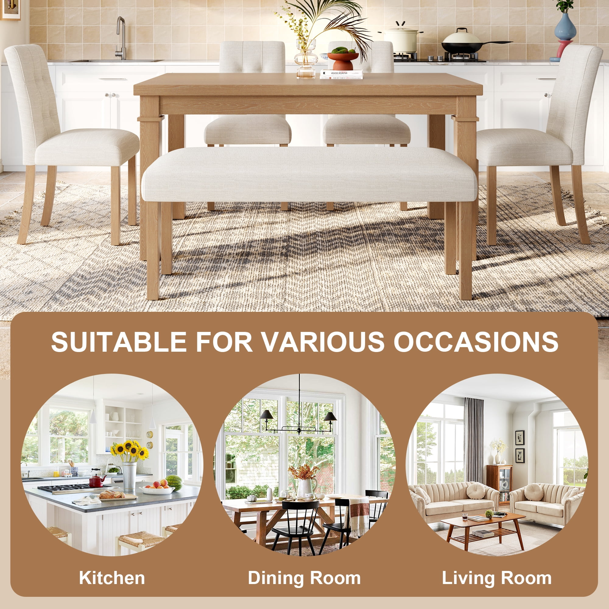 Euroco 6-Piece Wood Dining Table Set for 6, Modern Rectangular Kitchen Table Set with 4 Upholstered Chairs & Bench for Kitchen Dining Room,Natural