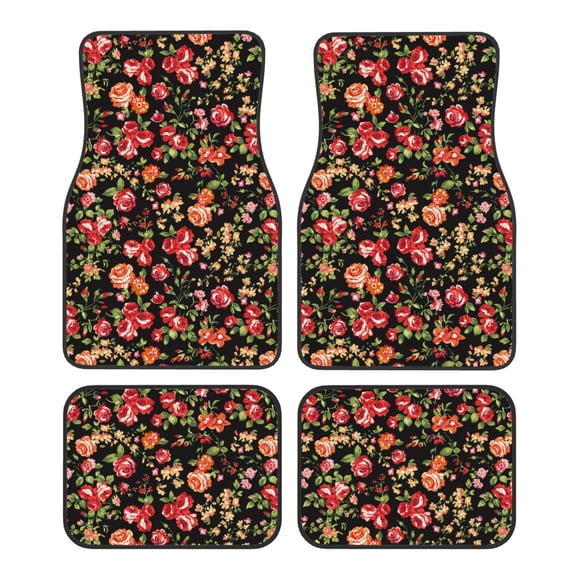 Balery Rose Flowers Pattern 4-Piece Floor Mats, Heavy-Duty Rubber Liners, Anti-Slip Design, All-Season Automotive Protection, Vehicles, Cars, Trucks, and SUVs