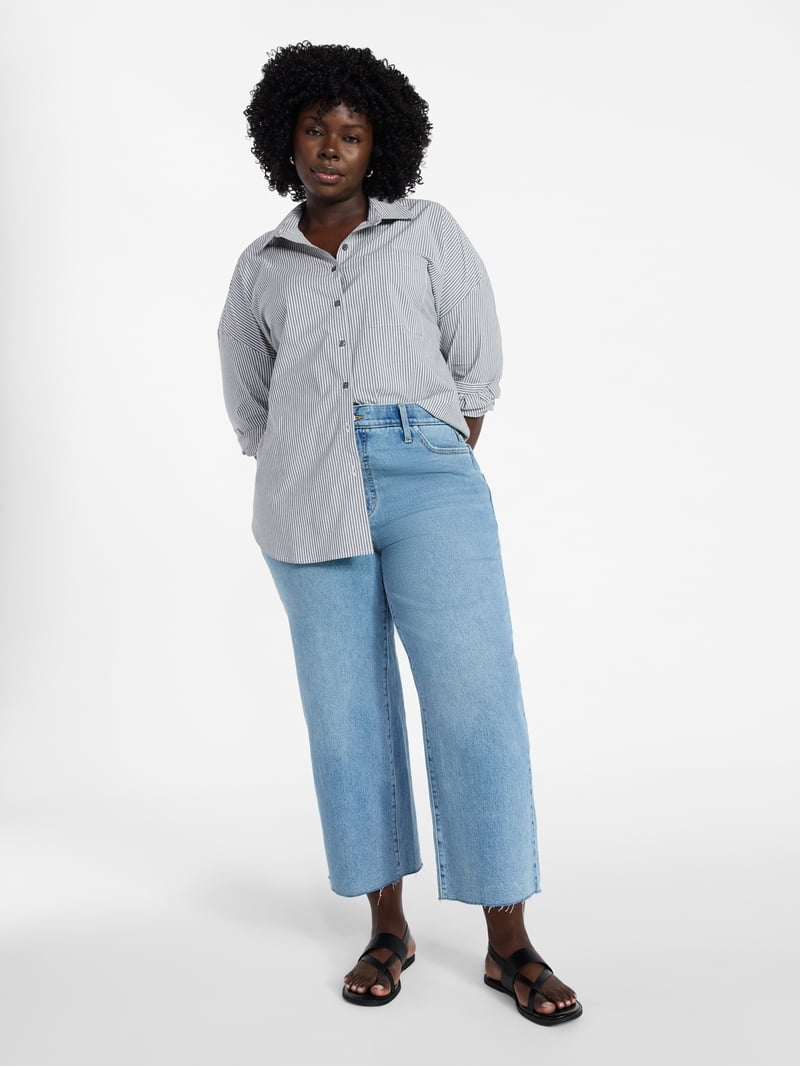 Terra & Sky Women's Plus Size Mid Rise Wide Leg Ankle Cut Hem