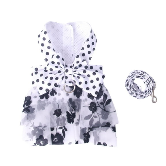 Small Dog Harness Dress with Leash Set, Rose Print Dog Dress, Soft Tutu Vest Pet Clothes for Cats Puppy Small Dogs S