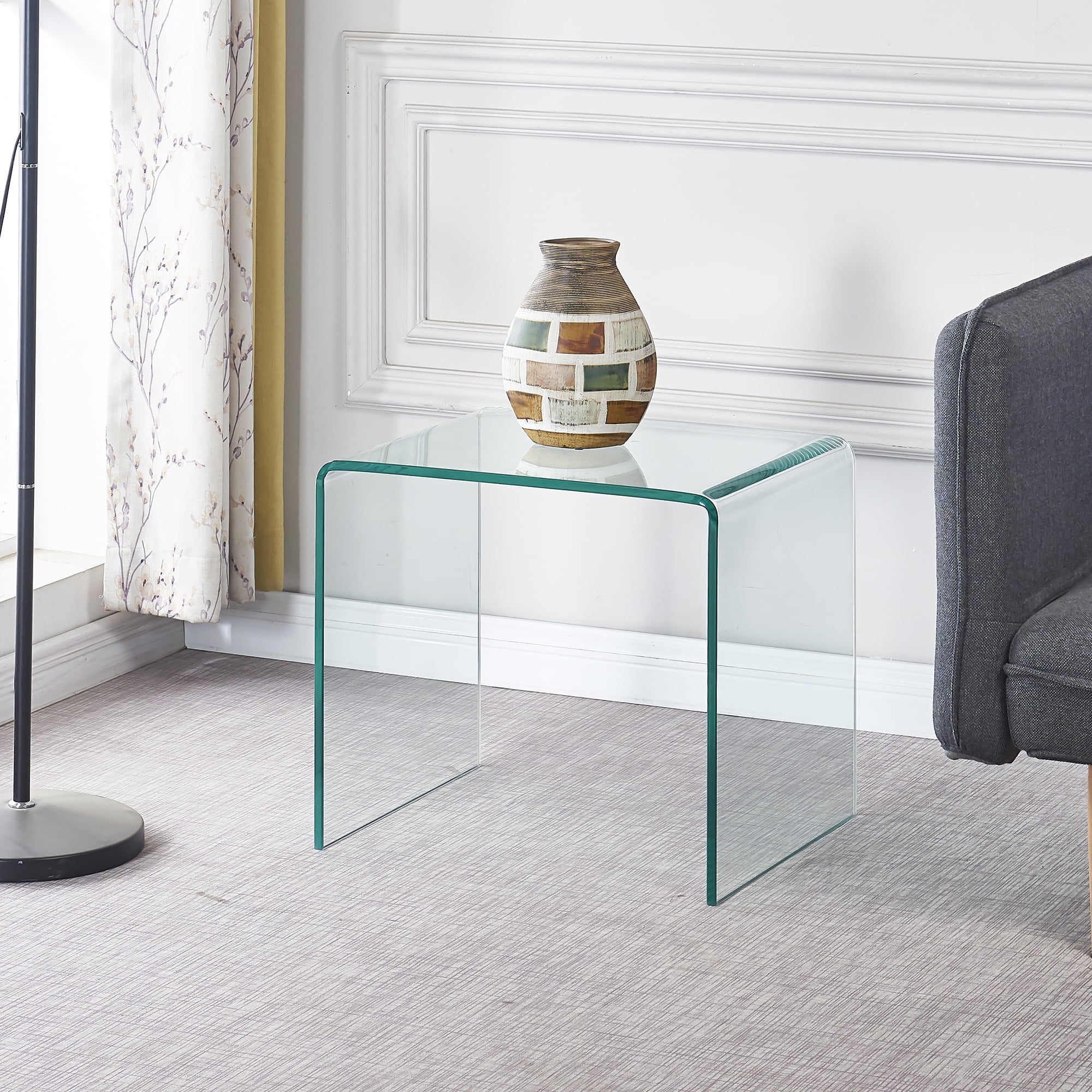 MAYEERTY Tempered Clear Bent Glass SideTable, Transparent End Table, Sofa table