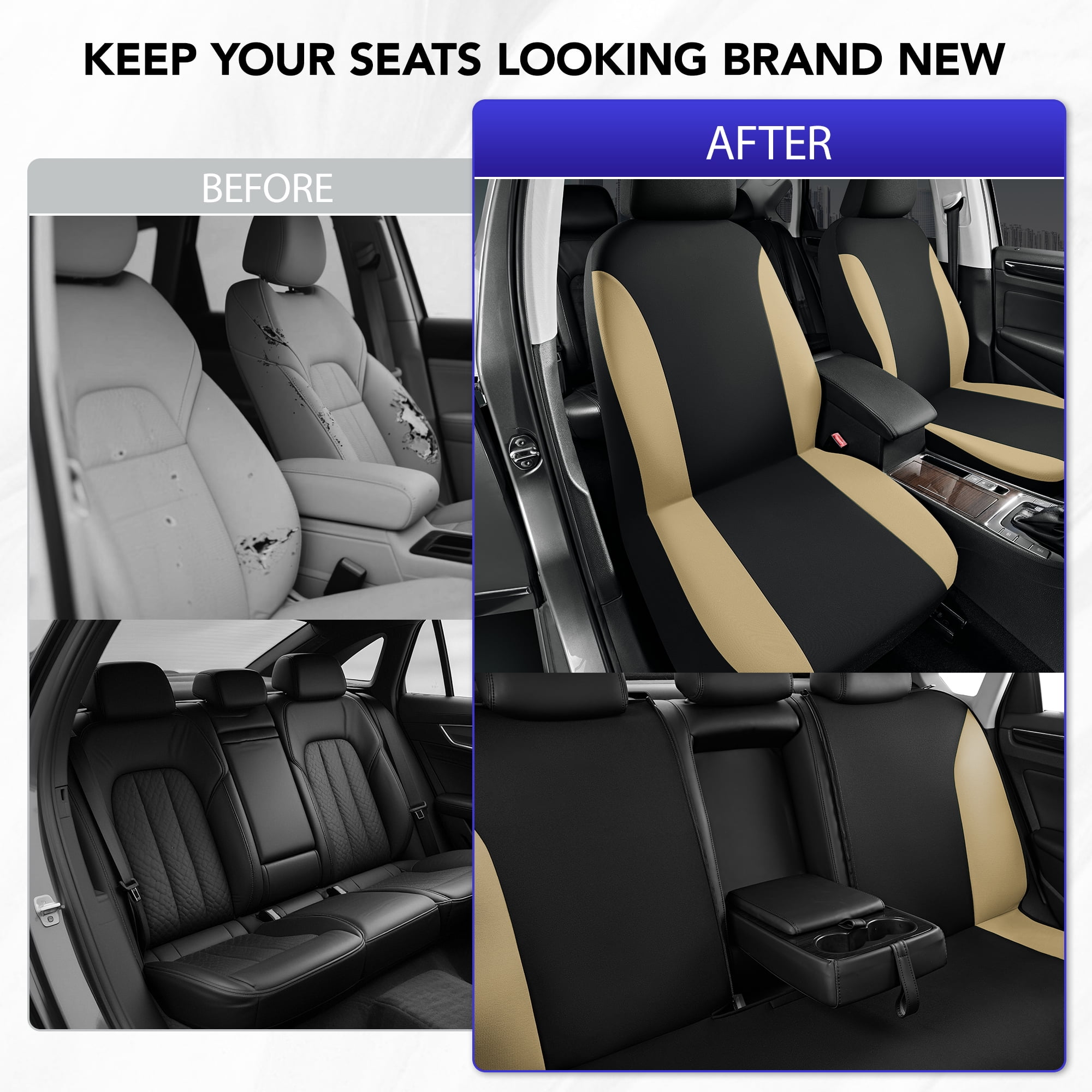 Road Comfort PolyPro Car Seat Covers Full Set – Front and Rear Split Bench, Easy to Install Cover Set, Univesal Fit For Auto Trucks Van SUV - Beige