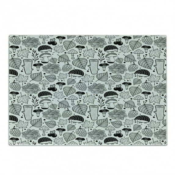 Hedgehog Cutting Board, Ecological Nature Elements Woodland Pattern Black and White Doodle Composition, Decorative Tempered Glass Cutting and Serving Board, Small Size, Black White, by Ambesonne
