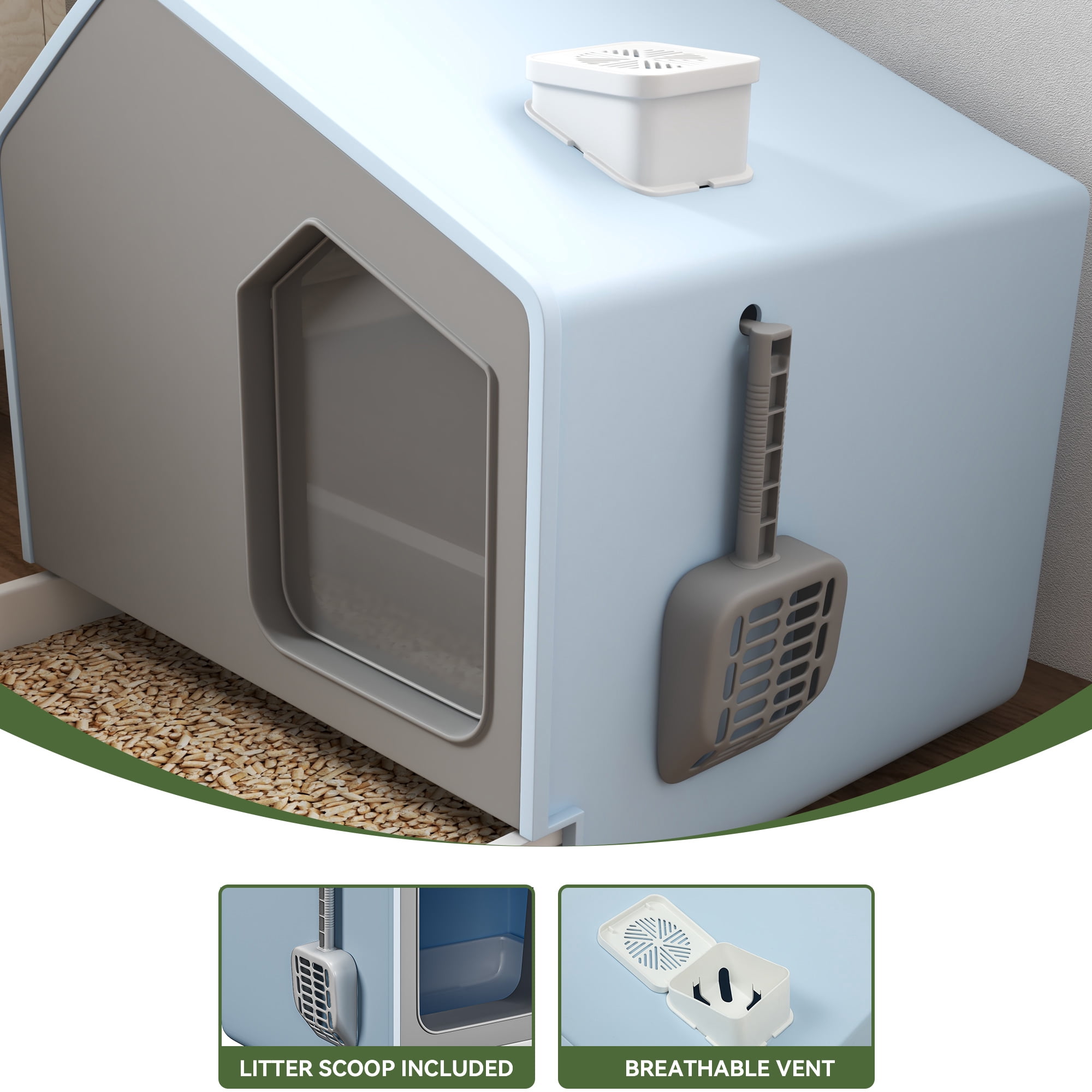 Uforic Extra Large Enclosed Cat Litter Box with Mat and Litter Scoop,Cat Toilet Box with Lid Drawer Type Easy to Clean,Blue