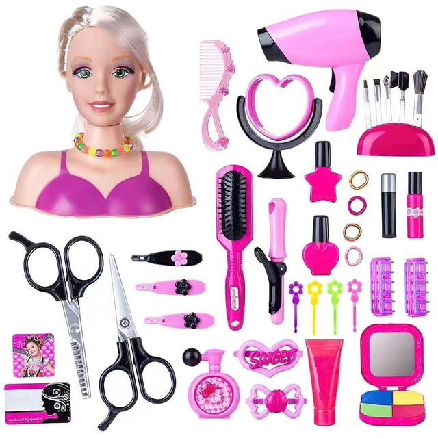 Cabeza de muñeca para peluquero/a infantil, juguete para estilizar el cabello. Set de cabezas de juguete para maquillar y peinar.