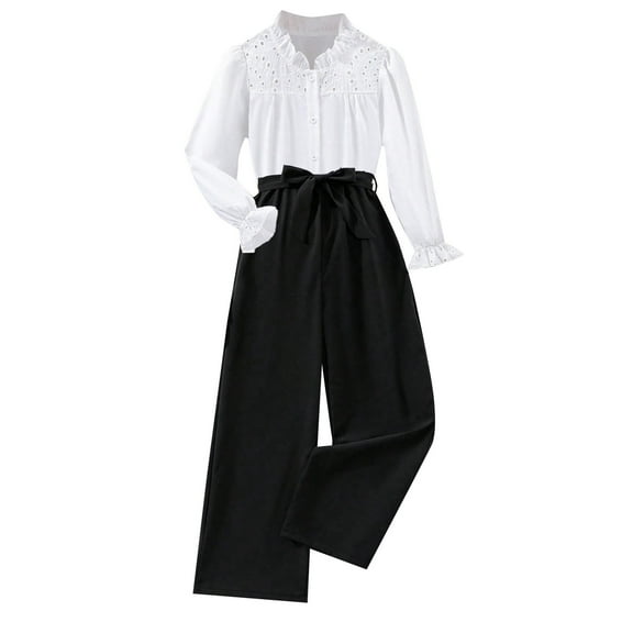 REDARER Girls Lace Top Set 2PC, Hollow Out Blouse & Wide Leg Pants, Dressy Casual Outfit, Kids Sets Clothes, for Size 10-12 Years