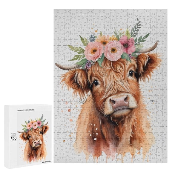 500 Piece Jigsaw Puzzle for Adults - Wood Puzzles - Highland Cow Theme - Ideal for Quality Time Together