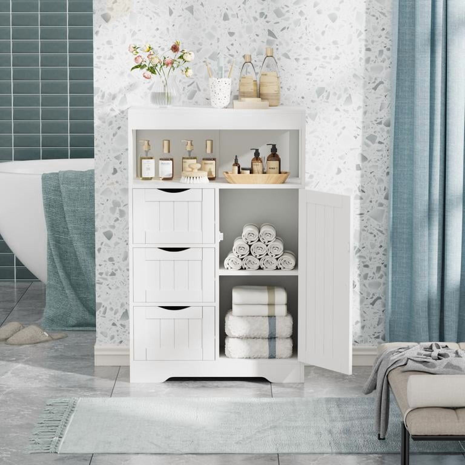 Lacoo Bathroom Cabinet Wooden Storage Organizer with 1 Door, 3 Drawers & Adjustable Shelf Storage Cabinet for Kitchen Living Room Bathroom, White