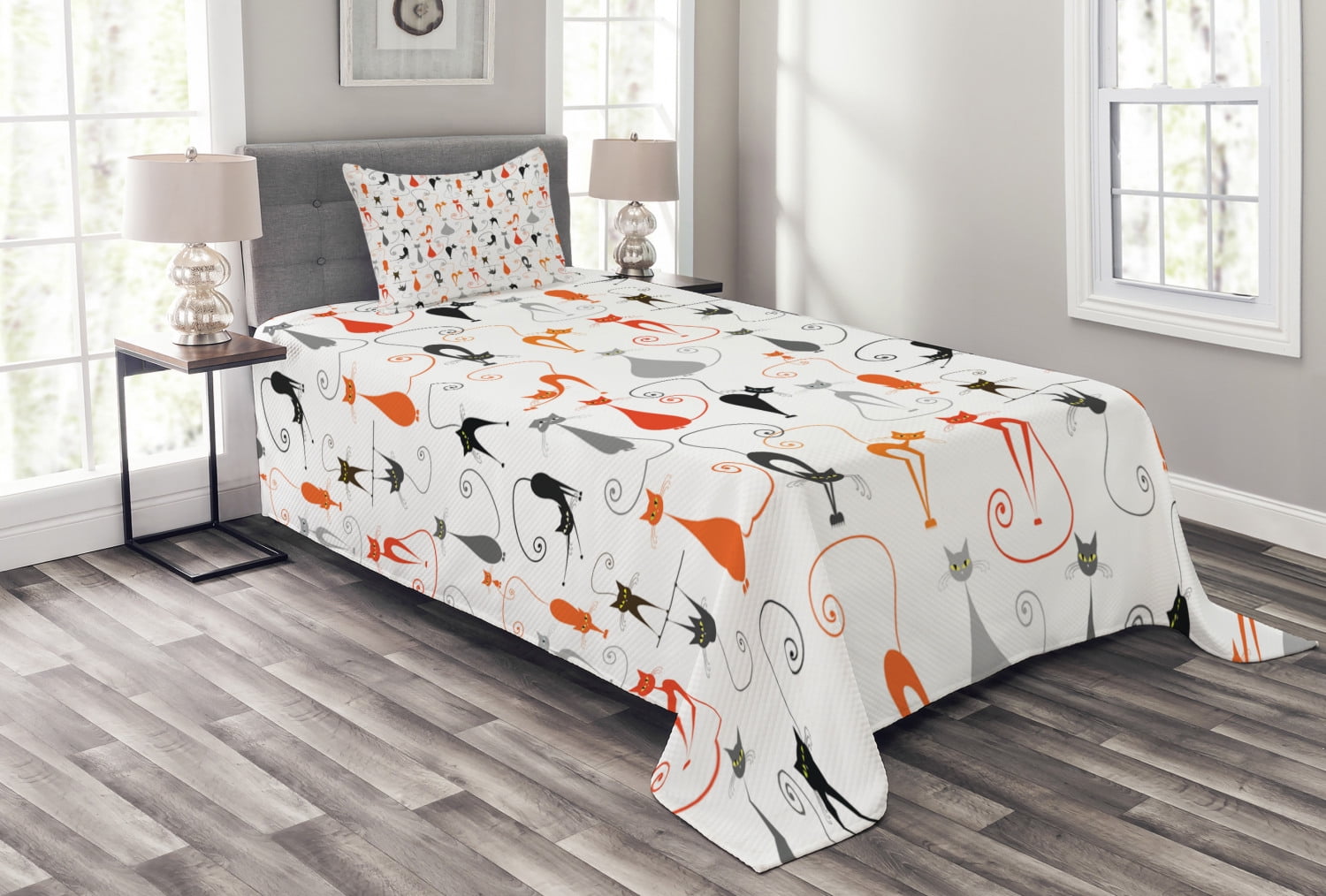 Cat Bedspread Set Twin Size, Colorful Cats in Different Poses Pussycat