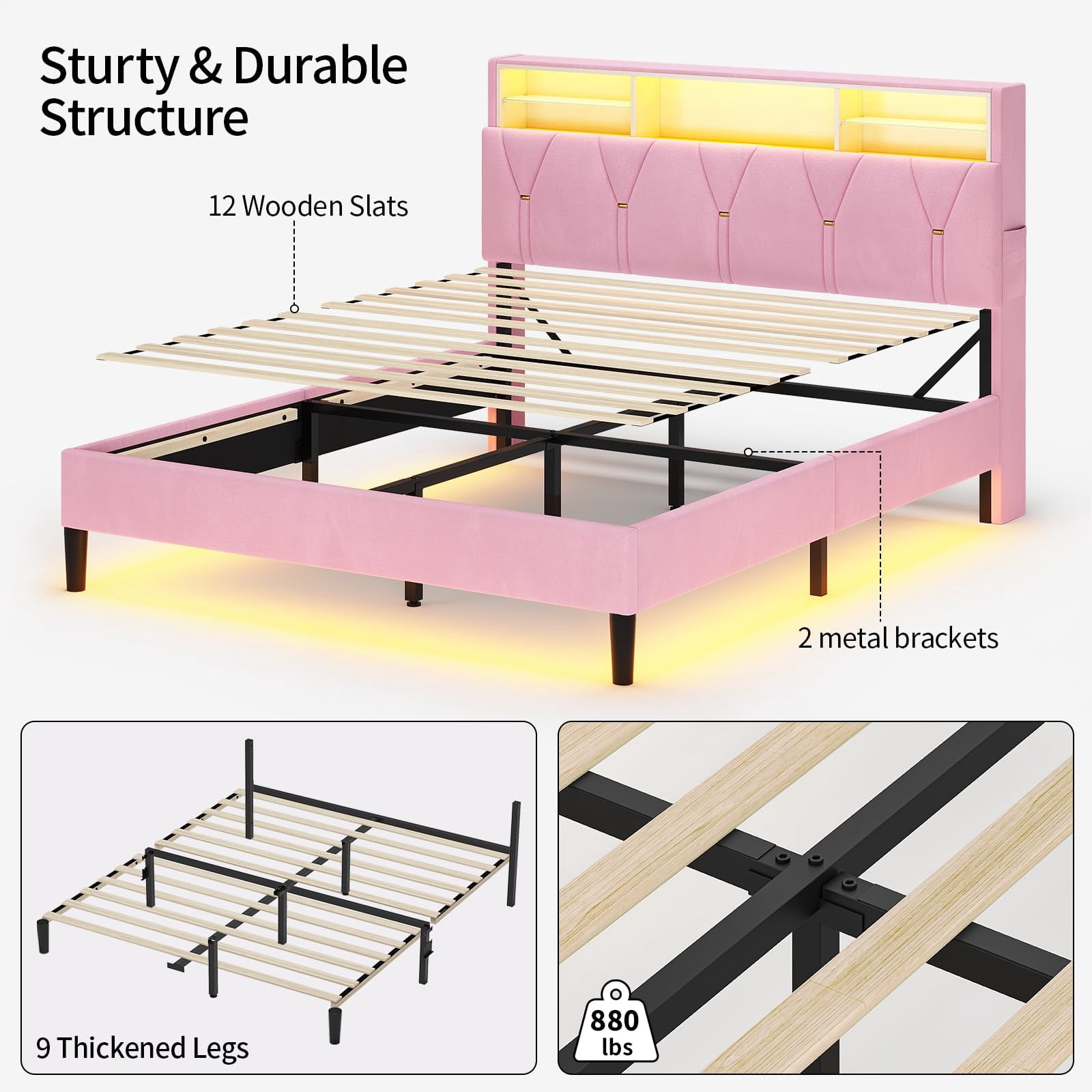 Princess Full Size Platform Bed Frames with Storage Headboard,Power Outlet, Modern Velvet Upholstered Girls Bed with LED Lights and Storage Shelves,No Box Spring Needed,Noise-Free,Easy Assembly, Pink