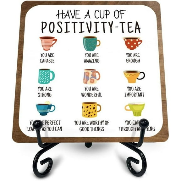 Positive Tea Wooden Table Sign Colorful Cup Inspirational Wooden Plaques with Support Frame Positive Quote Decorative Signs Office Home Tabletop Decor Friends Women Gift