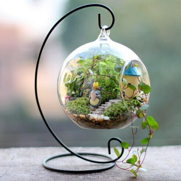 Display Stand Holder Hanging Plant Terrarium Glass Ball 9" Black 23cm