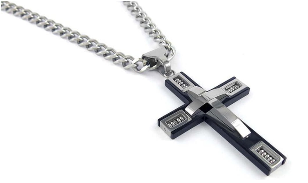 Sterling Projects Men's Black Ion Plated 2 Tone Cross Necklace With