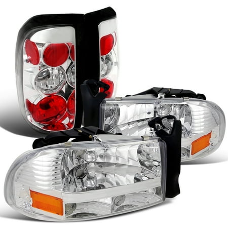 Dakota 15 Light Spec-D Tuning For 1997-2004 Dodge Dakota Chrome Crystal Headlights + Tail Brake Lamps (Left+Right) ()