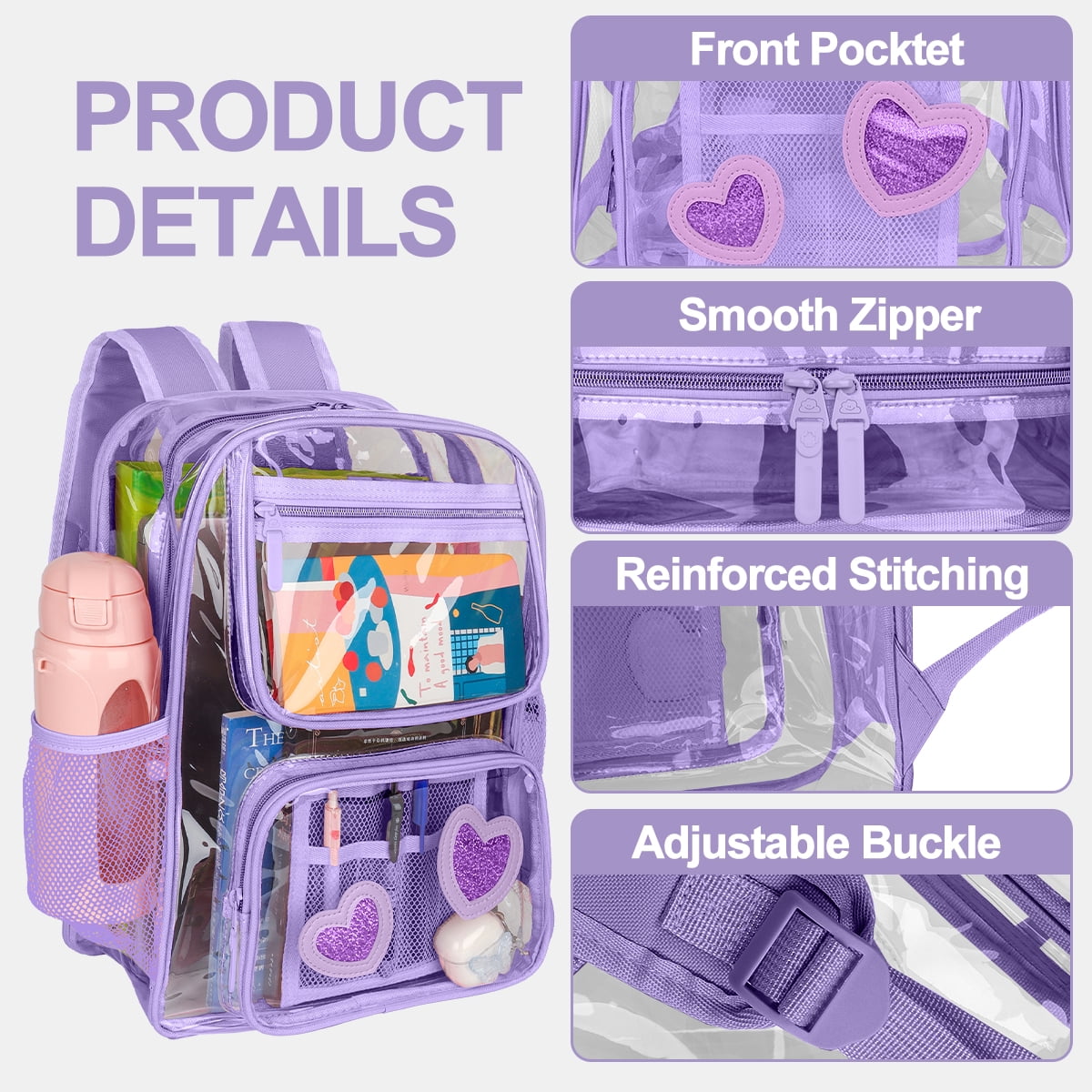 DAKIMOE Clear Backpack Heavy Duty Stadium Approved School Cute Transparent Backpacks Clear Bag Travel