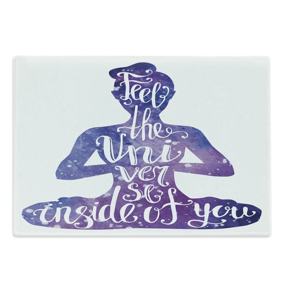 Yoga Cutting Board, Female Silhouette with Watercolor Space Design Inspirational Words, Decorative Tempered Glass Cutting and Serving Board, Large Size, Violet and White, by Ambesonne