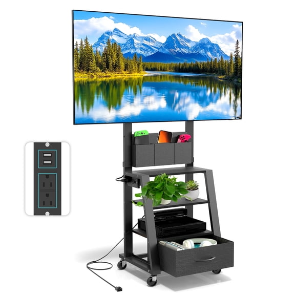 Hellsehen Rolling Mobile TV Stand with Power Outlet 4-Tier Storage Adjustable Height for 23-60 Inch Screens Black