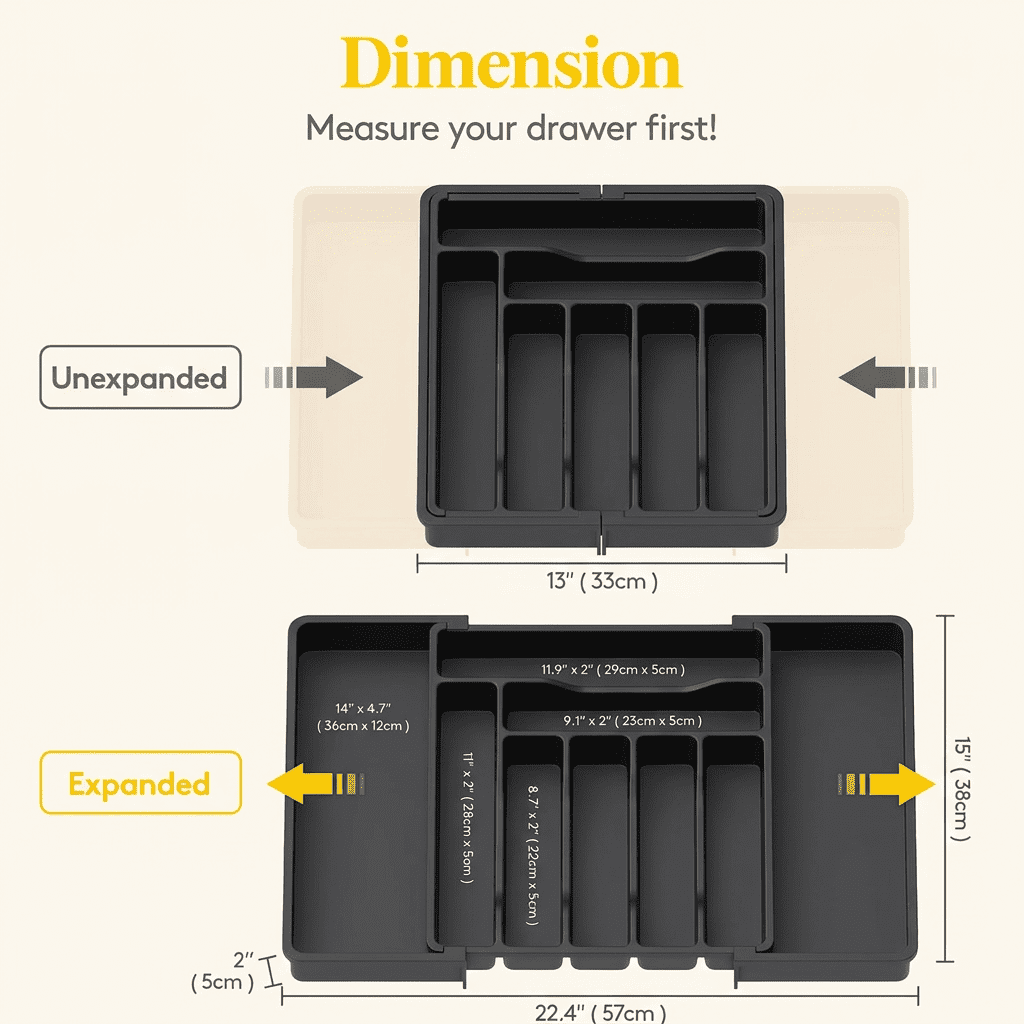 Norcho Expandable Utensil Organizer Drawer, Adjustable Cooking Silverware Tray, Plastic Spatula Tools Divider 13-22.4"x15" Black