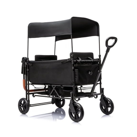 HTWFoldable Wagon Stroller for 2 Kids, Push/Pull Adjustable Handle, Removable Canopy, All-Terrain PU Wheels, Large Storage