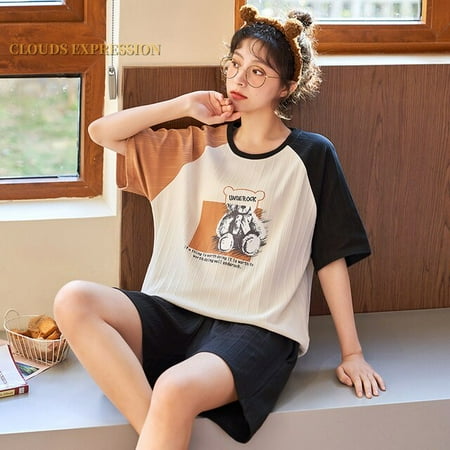 

QWZNDZGR Summer New Knitted Cotton Cartoon Girls Pajamas Set Women s Pajamas Leisure Home Clothes Set Short Sleeved Pyjamas Set Fashion