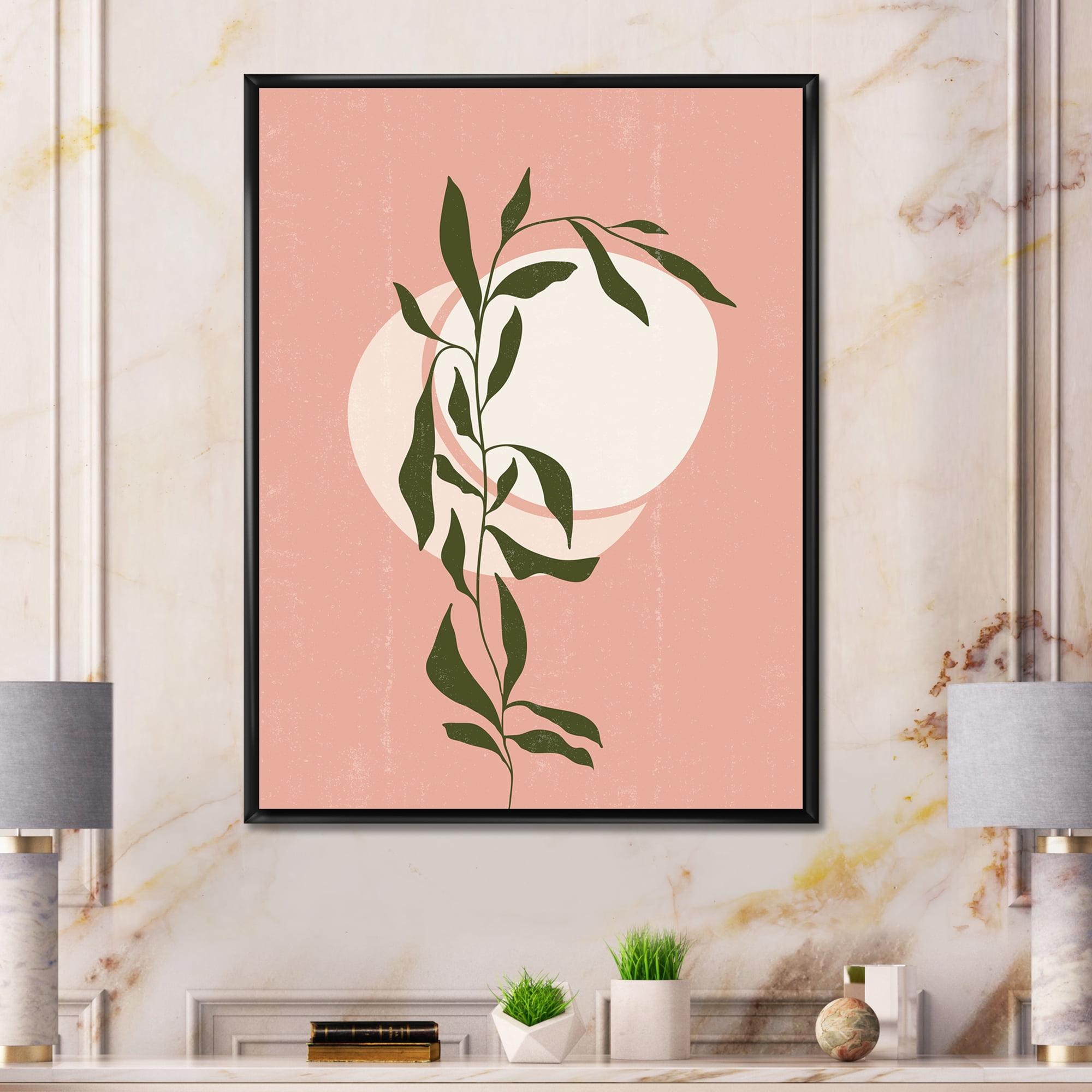 Designart 'Abstract Geometrical Moon and Sun With Leaf VI' Modern Framed Canvas Wall Art Print