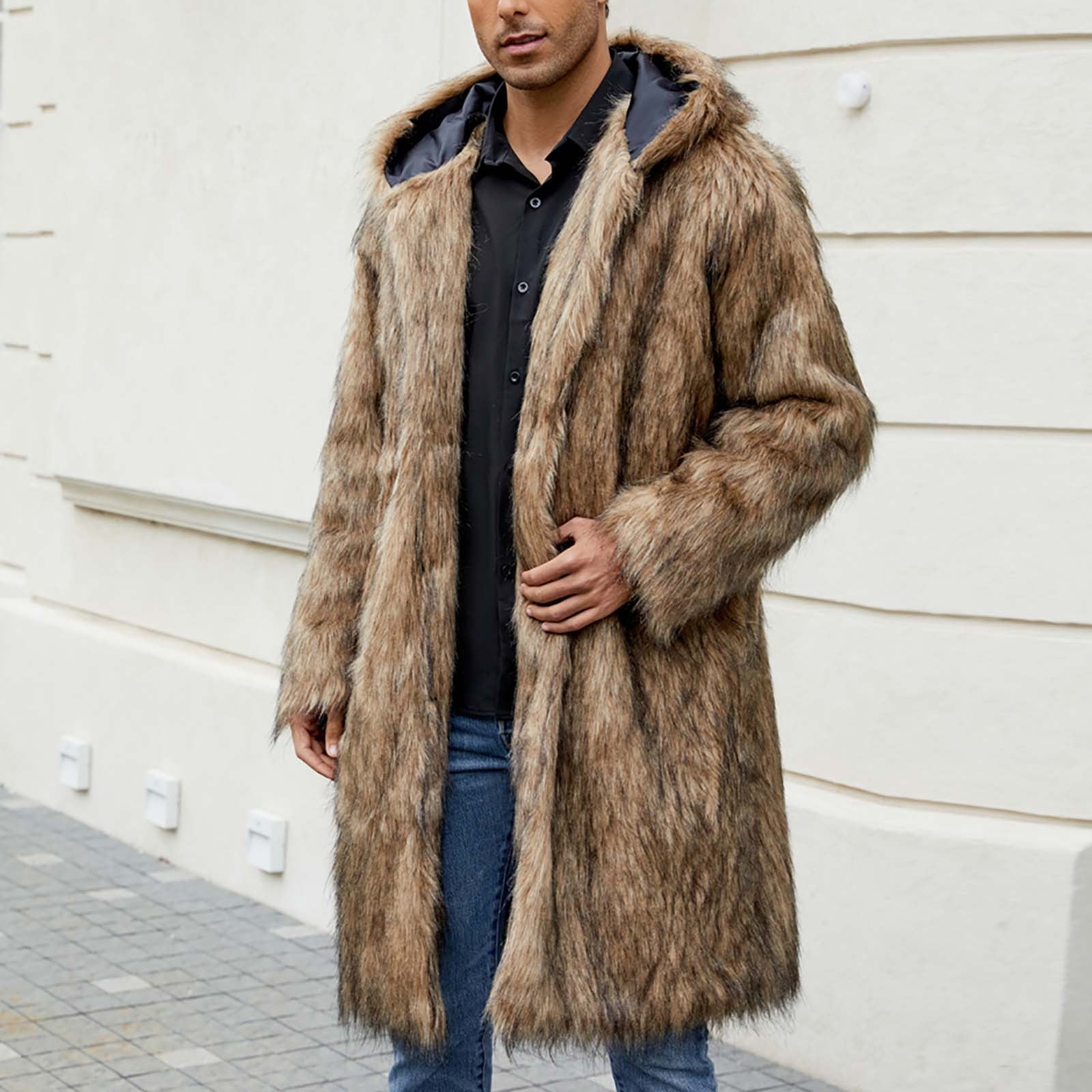 Jjayotai Men's Winter Faux Fur Coat Clearance, Long Sleeve Outwear