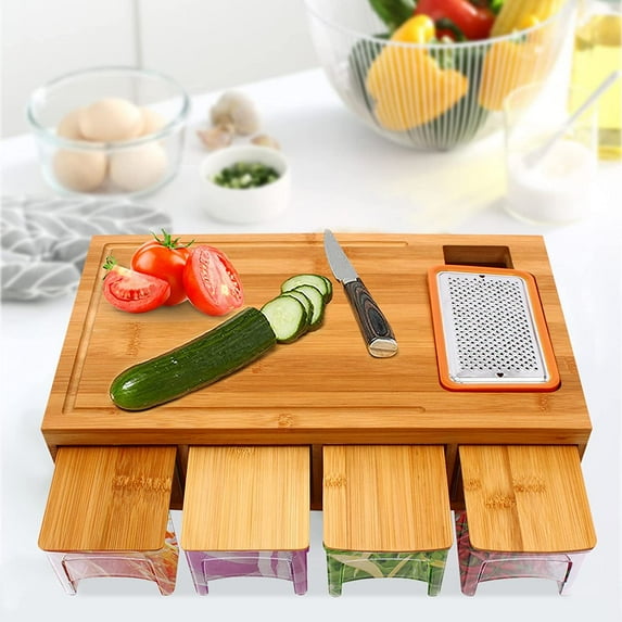 Cutting Boards Bamboo Chopping Board With 4 Containers & Cover + Chopping Block