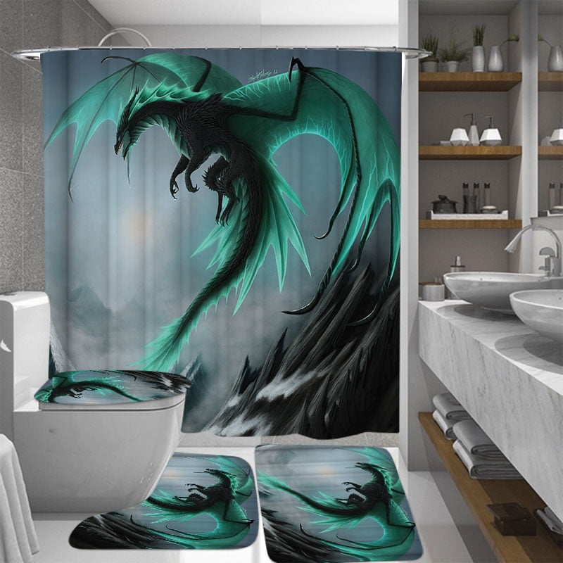 Dragon Shower Curtain Set Bathroom Rug Thick Non-Slip Toilet Lid Cover Bath Mat 
